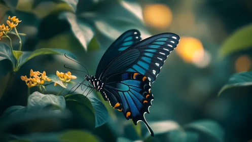 Iridescent blue butterfly on foliage in golden bokeh light.