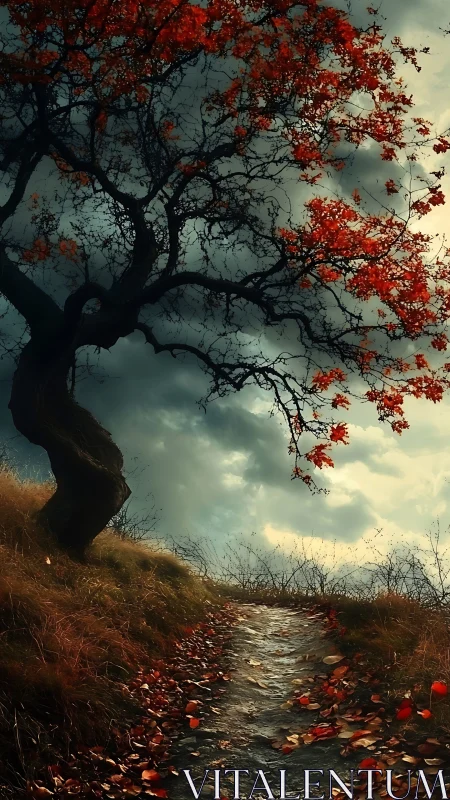 Storm-bent autumn tree guards a winding ember-lit forest path