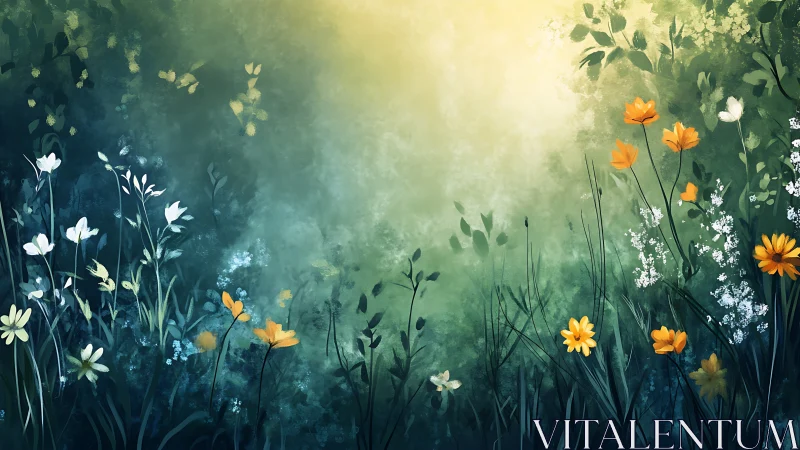 Atmospheric Meadow Composition with Polychromatic Floral Elements.