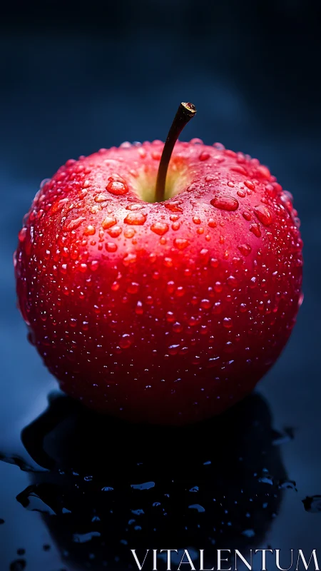 Macro analysis of red apple with surface condensation on dark plane