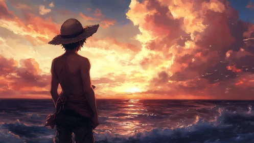 Sunlit wanderer observing cinematic ocean sunset horizon.