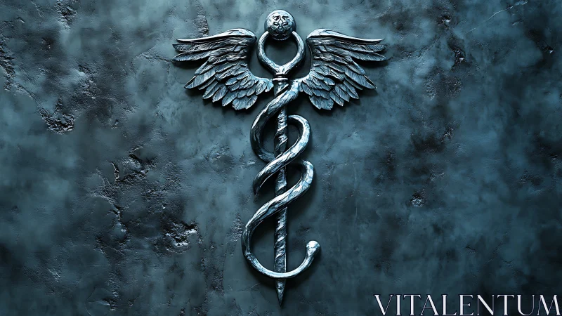 Winged caduceus symbol rendered in metallic blue relief