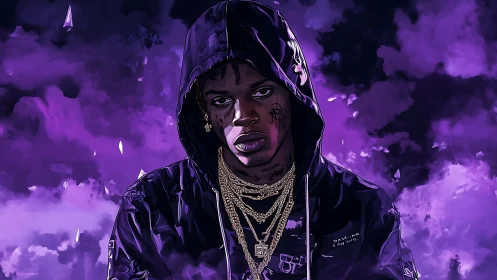 Hooded rapper portrait in purple digital storm clouds.