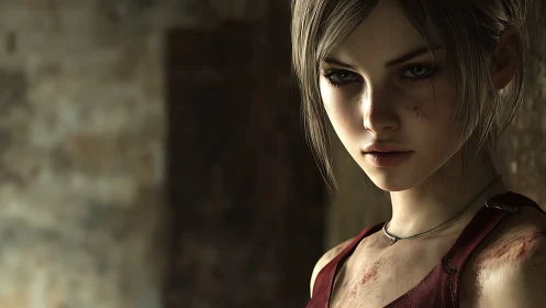 Stoic young woman with scrapes in dim worn interior.