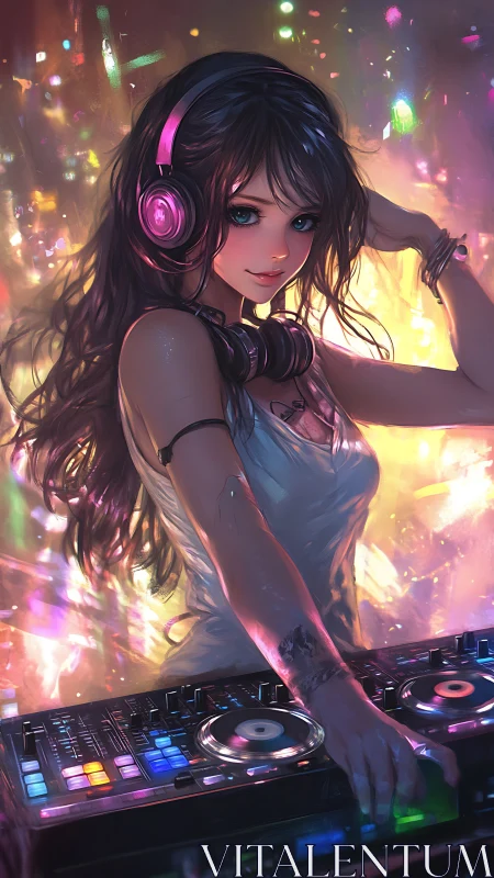 Anime DJ girl at neon-lit mixing deck in club setting.