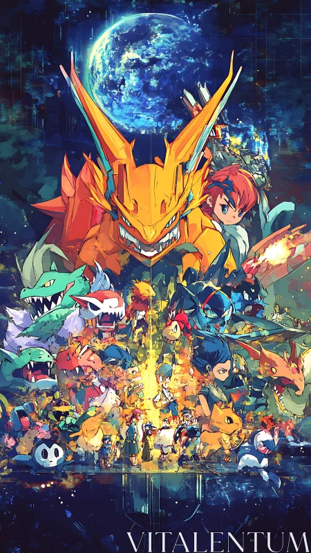 Blazing partner monsters rise together under a glowing world sky