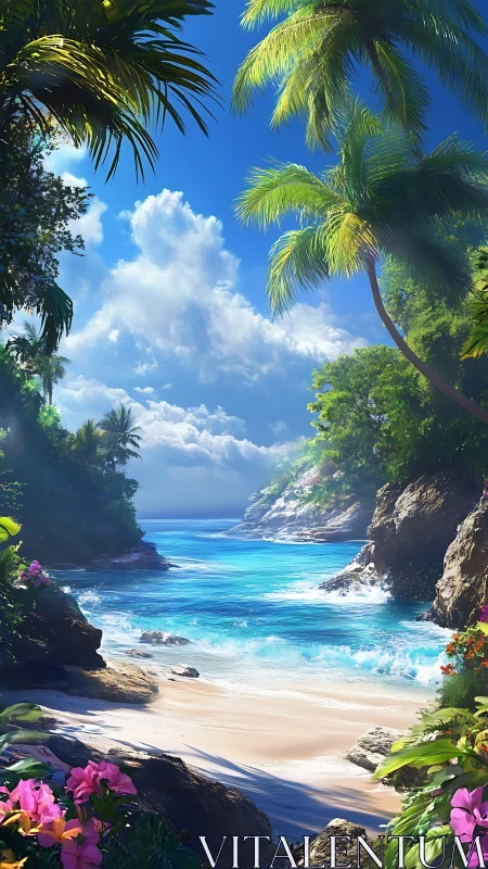 Tropical cove reveals turquoise surf under bright midday sun