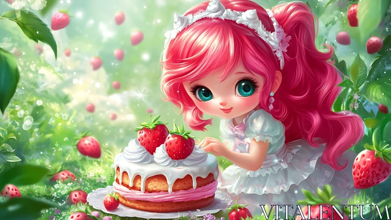 Strawberry-haired girl decorating whimsical forest cake.