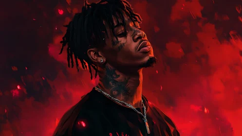 Moody portrait glows as a calm figure rises in red light