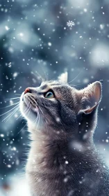 Cat gazes upward amid falling snow particles in winter setting.