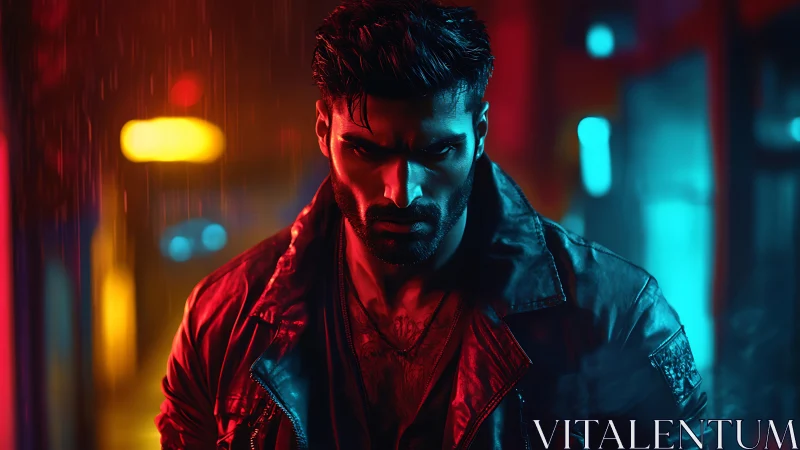 Brooding man walks through neon soaked cyberpunk alley