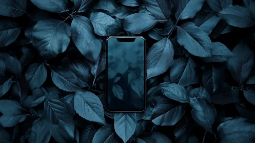 Smartphone rests in dark teal leaves, blending with nature.