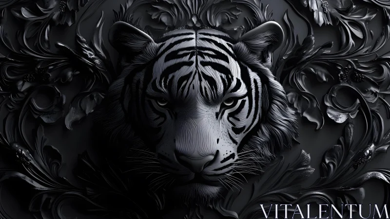 Majestic Tiger in Ornate Black Floral Art, Dramatic Digital Style.