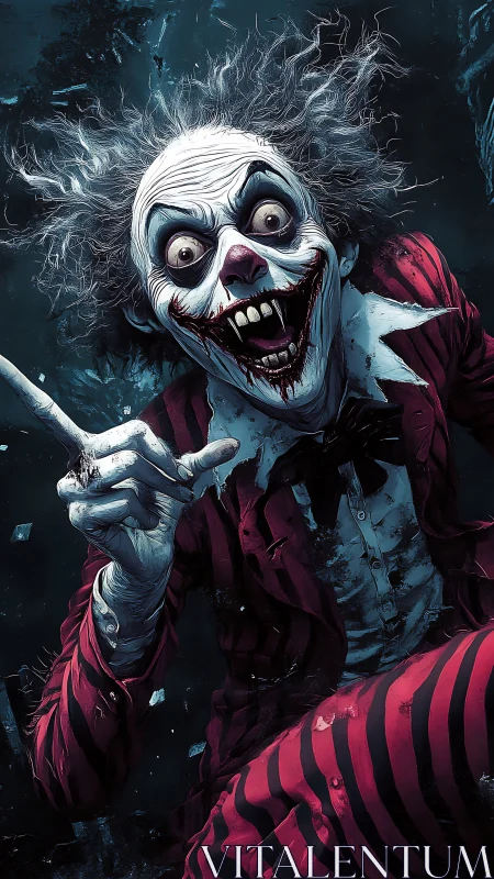 Wild-eyed striped clown leaping from a midnight nightmare.