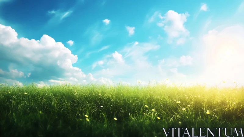 Sunlit green meadow under bright blue sky with clouds.