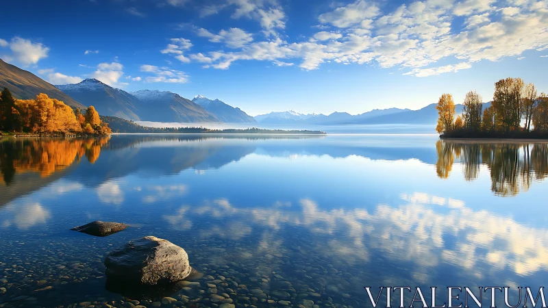 Mountain lake reflection renders symmetric autumnal panorama