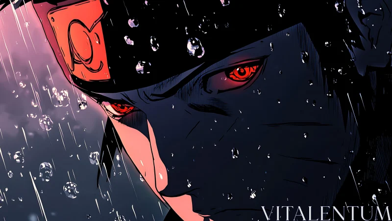 Moody anime warrior in glowing rain soaked red eyed focus.