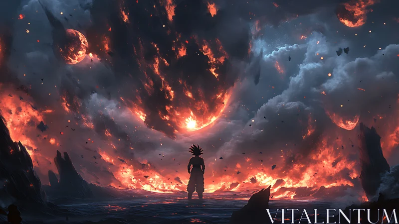 Silhouetted figure beneath burning celestial sky panorama.
