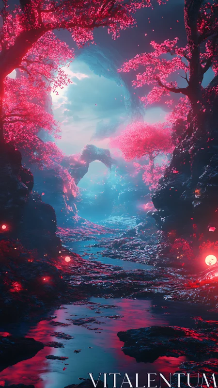 Dreamlit river slips through neon blossoms toward the sky gate