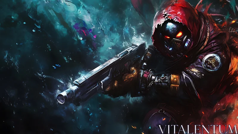 Hooded sci fi warrior aims shotgun through swirling nebula