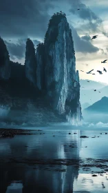 Monolithic Rock Formation in Shallow Water Landscape