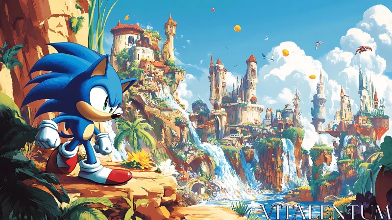 Sonic character observing expansive fantasy waterfall city.
