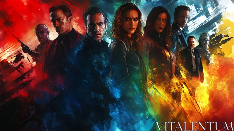 Vivid ensemble of armed agents stands amid elemental colors.