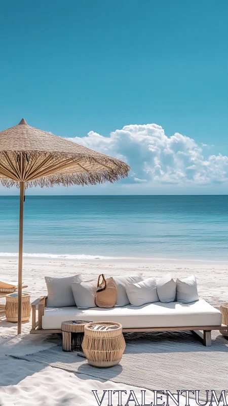 Coastal lounge composition with wicker shading system, midday light.