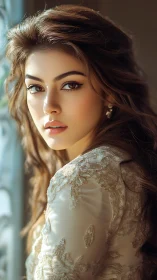 Photorealistic portrait of woman in embroidered ivory lace gown