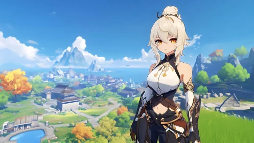 Anime heroine in ornate combat attire over coastal village