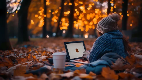 Cozy autumn laptop moment glows beneath golden park lights