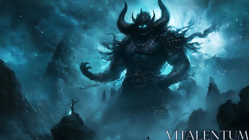 Colossal horned demon towers over a lone warrior in storm