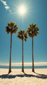 Three tall palm trees stand on bright sunlit beach sand
