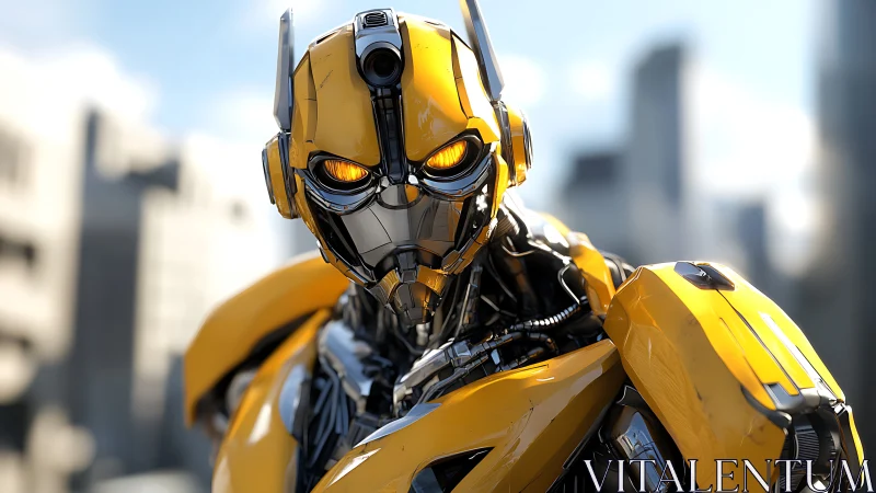 Yellow urban combat android with luminous amber optics.
