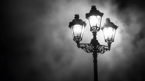 Three-lantern streetlight glows against dense backlit fog
