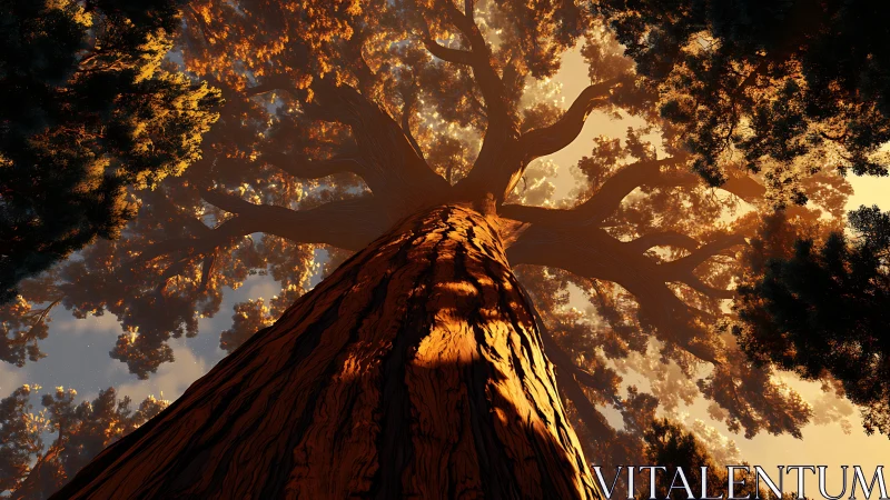 Upward view of large tree canopy in warm backlighting.