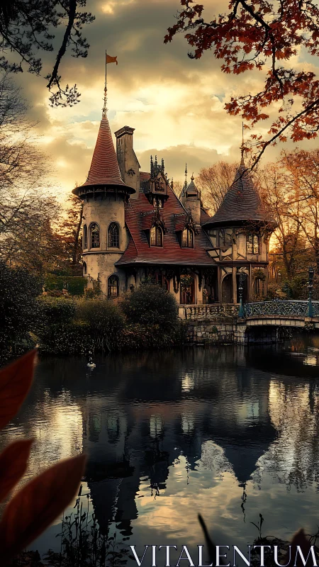 Fairy tale style manor house reflects on calm pond at sunset