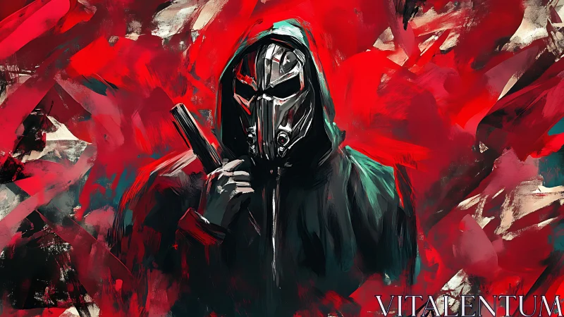 Digital painting of masked gunman in red abstract field.
