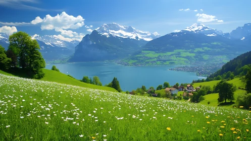 Mountain lake valley stretches beneath wildflower meadows.