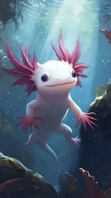 Bioluminescent axolotl drifting through teal underwater light.