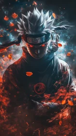 Crimson-eyed ninja portrait in flaming particle vortex.