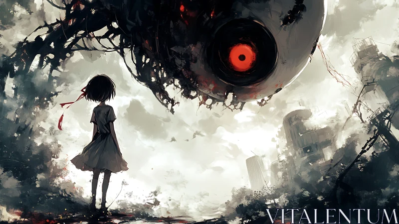 Small rebel, vast red eye: quiet standoff in the ruins.