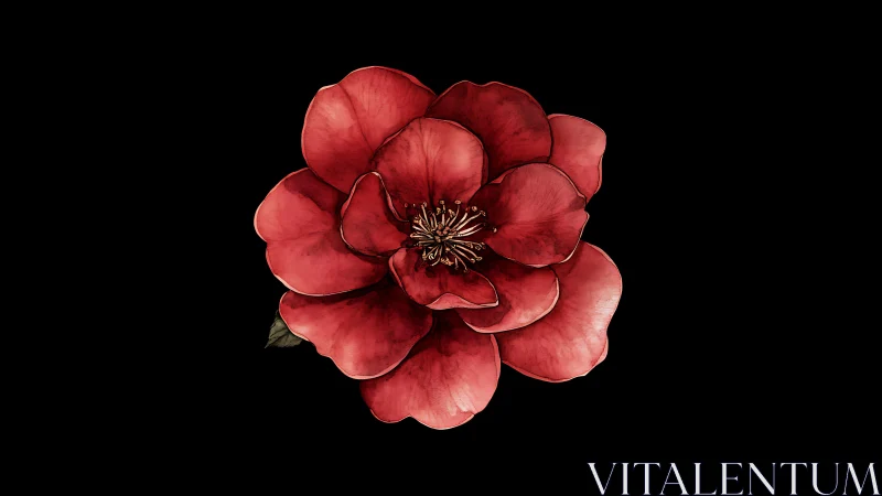 Crimson Camellia Blooms Against Darkness with Golden Center