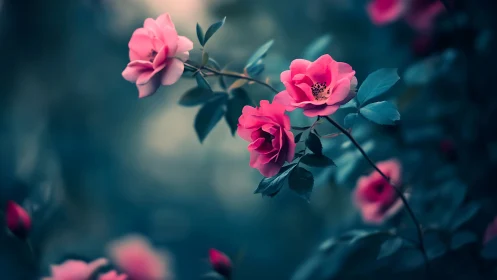 Radiant Roses Bloom Against Twilight Veils of Teal.