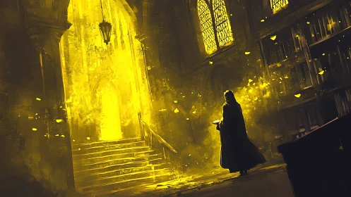 Golden stairwell swallows the cloaked reader in quiet flame