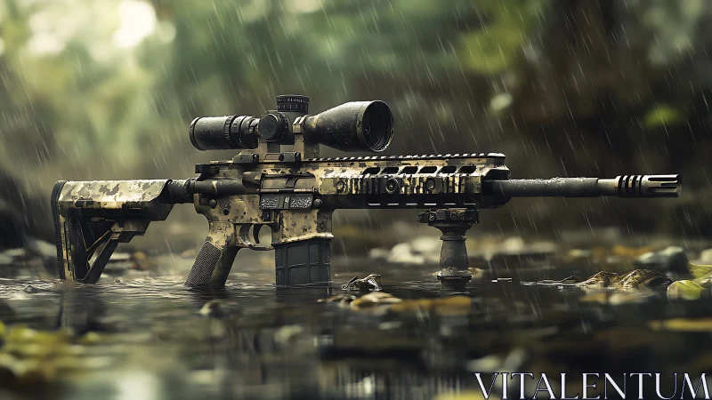 Rain-soaked tactical rifle rests quietly in a shallow stream