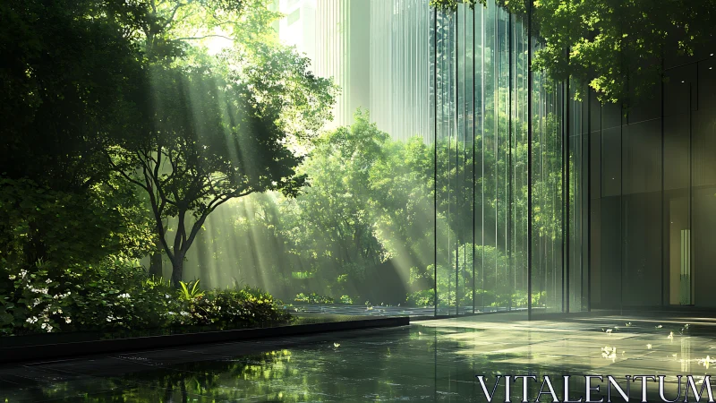 Sunlit garden courtyard gently blends nature with glass