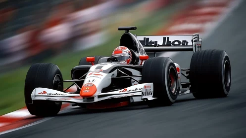 Formula race car attacks corner with dynamic motion blur.