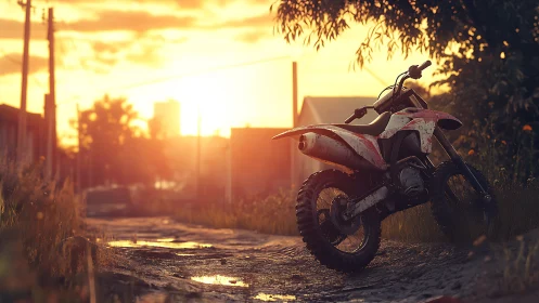 Mud-splattered dirt bike rests on a rural road at sunset.