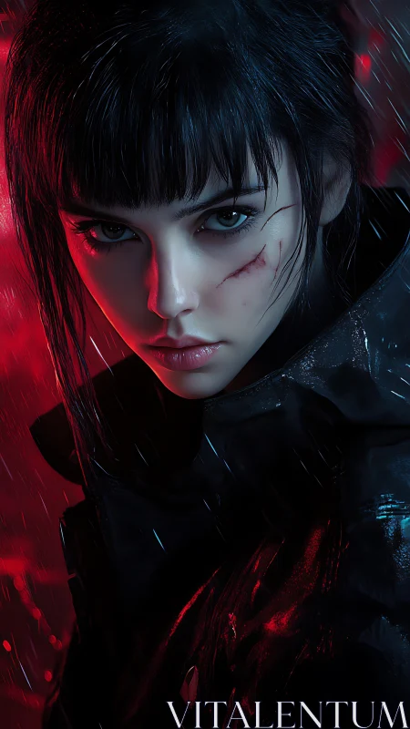 Scarred woman in rainlit red and blue cyberpunk scene.